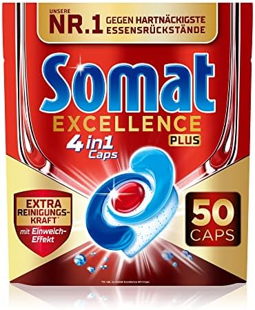 Somat Excellence PLUS 4in1 Caps (50 Caps), Spülmaschinentabs in 100% wasserlöslicher Hülle, Somat Caps mit Extra Reinigungskraft* und Einweicheffekt, recyclingfähig