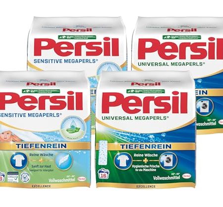 Persil Set 2x Universal & 2x Sensitive Megaperls Tiefenrein 64 Waschladungen (4x 16WL), Vollwaschmittel & Waschmittel für Allergiker & für sensible Haut, 20 °C bis 95 °C, ECARF-zertifiziert