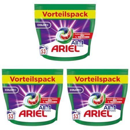 Ariel Allin1 PODS, Flüssigwaschmittel-Kapseln Color+ 53 Waschladungen, Ausgezeichnete Fleckentfernung Beim 1. Waschen (Packung mit 3)