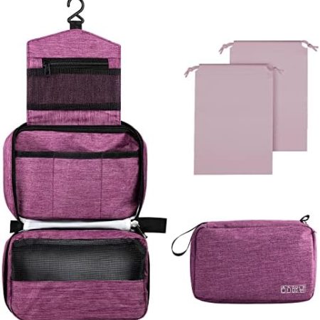 Larkumio Kulturbeutel Herren Damen zum Aufhängen, Kulturtasche Waschtasche Kosmetiktasche Männer Waschbeutel Toiletttasche Groß mit Handhaben, 1 Toiletry Bag + 2 Kordelzug Tasche, Violett