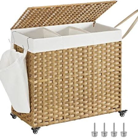 SONGMICS Wäschekorb mit Deckel, 160 L, Wäschesammler 3 Fächer, Wäschesortierer mit Rollen, in Rattan-Optik, Wäschesack herausnehmbar, für Waschküche, 70 x 36 x 66 cm, naturfarben LCB365N01