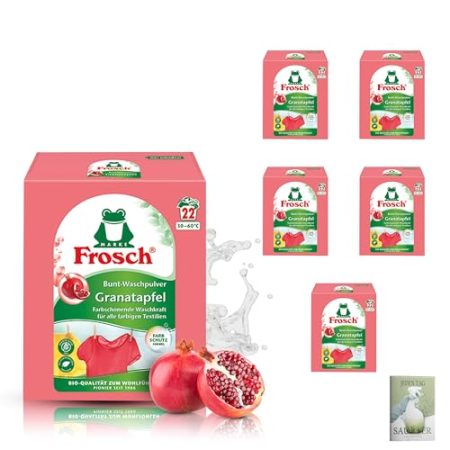 Frosch Granatapfel Waschpulver Color 22WL, 1,45kg, 5er Pack (5 x 22 Waschladungen) und Celexqua Reinigungsratgeber