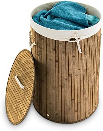 Relaxdays Wäschekorb Bambus, faltbare Wäschetonne mit Deckel, Volumen 70 l, Wäschesack Baumwolle, rund Ø 41 cm, natur