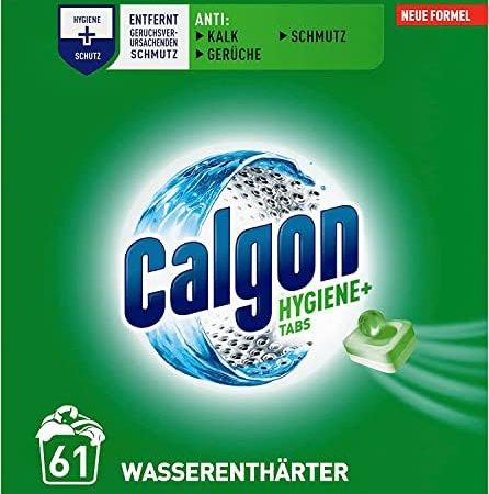 Calgon Hygiene+ Tabs – Schutz vor Kalkablagerungen und Schmutz – Wasserenthärter mit Hygieneschutz für die Waschmaschine – 2 x 61 Tabs