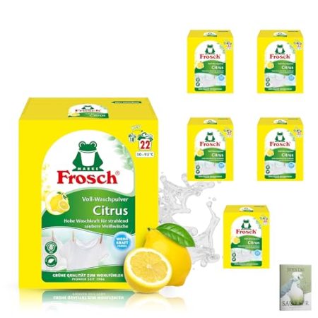 Frosch Citrus Waschpulver Color 22WL, 1,45kg, 5er Pack (5 x 22 Waschladungen) und Celexqua Reinigungsratgeber