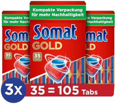 Somat Gold Spülmaschinen Tabs(105 Tabs), Geschirrspül für strahlend sauberes Geschirr auch bei niedrigen Temperaturen, Extra-Kraft gegen Eingebranntes, kompakte Verpackung für mehr Nachhaltigkeit