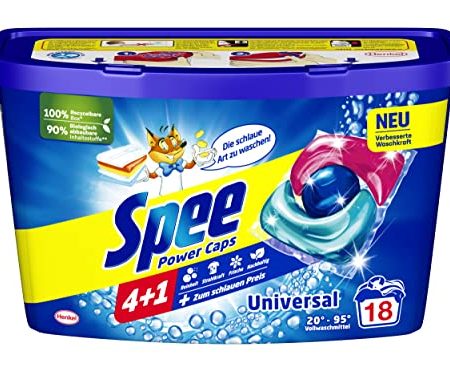 Spee Power Caps Universal 4 + 1 (18 Waschladungen), Vollwaschmittel für helle und weiße Wäsche, vordosiertes Waschmittel vereint Reinheit, Strahlkraft, Frische & Nachhaltigkeit