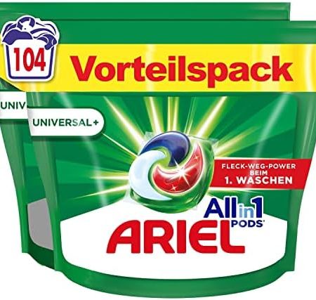 Ariel Waschmittel Pods All-in-1, Waschmittel 104 Waschladungen, Universal+, Kraftvolle Fleckenentfernung in nur 1 Waschgang