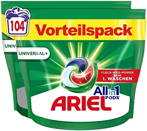 Ariel Waschmittel Pods All-in-1, Waschmittel 104 Waschladungen, Universal+, Kraftvolle Fleckenentfernung in nur 1 Waschgang