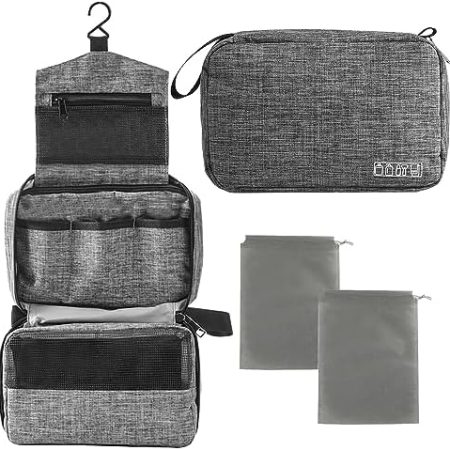 FENYW Kulturtasche zum Aufhängen klein, Waschtasche Herren Damen, Kulturbeutel zum Hängen, 2 Tasche mit Kordelzug, Toiletry Bag Set für Makeup, Toilettenartikel -Grau