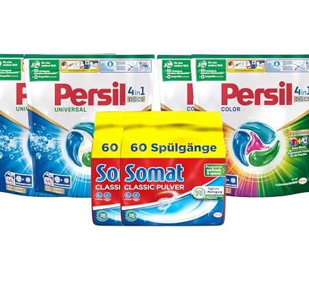 Persil 2x Universal & 2x Color 4in1 DISCS 176 Waschladungen (4x 44WL) & SOMAT 2x Classic Pulver 120 Spülgänge, Vollwaschmittel & Color Waschmittel Tiefenrein & Spülmaschinenreiniger Großpackung