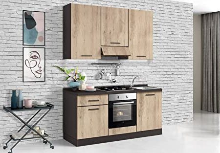 Dafne Italian Design Küche komplett mit Haushaltsgeräten (Backofen, Waschbecken, Dunstabzugshaube) Industriestil - 180 x 60 x 240 cm - Gusseisen, Eichenoptik hell - Waschbecken rechts