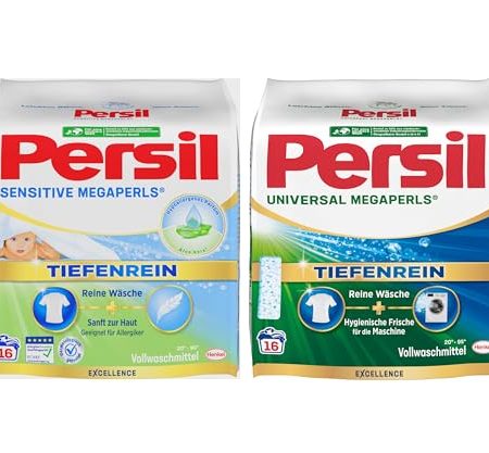 Persil Set Universal & Sensitive Megaperls Tiefenrein 32 Waschladungen (2x 16WL), Vollwaschmittel & Waschmittel für Allergiker & für sensible Haut, 20 °C bis 95 °C, ECARF-zertifiziert