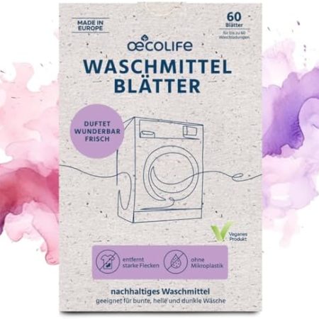 oecolife Waschmittel Blätter, 60 Waschladungen, Vollwaschmittel Made in EU, Waschmittelstreifen für Weiß- und Buntwäsche, wasserlöslich, biologisch abbaubar, nachhaltig, Waschstreifen, Waschblätter