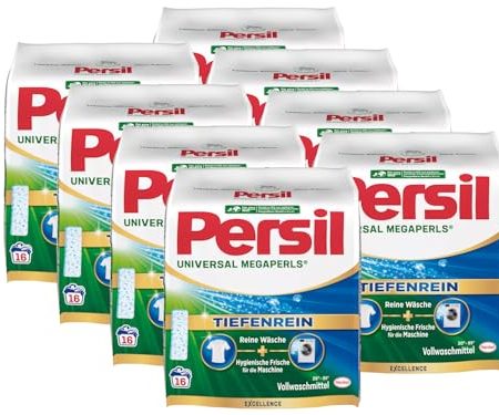 Persil Universal Megaperls 128 Waschladungen (8x 16WL), Vollwaschmittel mit Tiefenrein Technologie, Waschmittel für reine Wäsche & hygienische Frische für die Maschine, 20 °C bis 95 °C