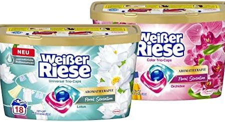 Weißer Riese Universal Trio-Caps Aromatherapie Floral Sensation (18 Wäschen), Waschmittel mit Lotus & Weißer Riese Color Trio-Caps Aromatherapie Floral Sensation (18 Wäschen), Waschmittel mit Orchidee