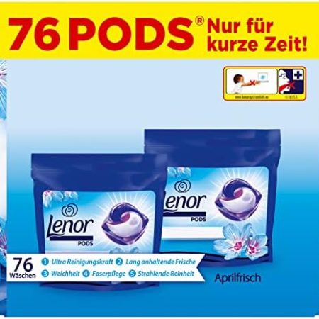 Lenor Waschmittel Pods All-in-1, 76 Waschladungen (2x38) Lenor Aprilfrisch mit Ultra Reinigungskraft