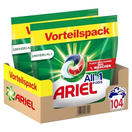 Ariel Waschmittel PODS All-in-1, Universal+ Waschmittel, 104 Waschladungen, Fleck-Weg-Power Beim 1. Waschen