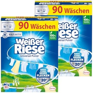 Weißer Riese Universal Pulver 180 Waschladungen (2x 90 WL), Vollwaschmittel wirkt riesig stark gegen Flecken, Kalt-Aktiv schon ab 20° C, ergiebiges Waschpulver, ideal für Familien mit Kindern