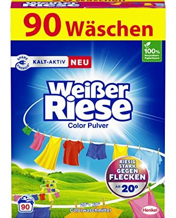 Weißer Riese Color Pulver (90 Waschladungen), Color Waschmittel riesig stark gegen Flecken, Kalt-Aktiv schon ab 20° C, ergiebiges Waschpulver, ideal für Familien mit Kindern