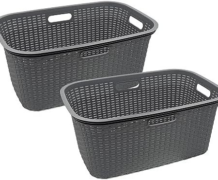 HRB Wäschekorb Plastik Rattan Optik, 40 L Wäsche Box Volumen, Wäschesammler mit 58,5 x 39 x 26 cm Außenmaß, Wäsche Sortierer groß, Aufbewahrungskorb (2 Stück, Grau)