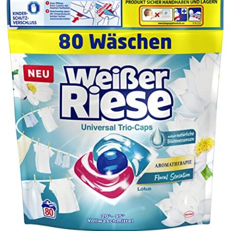 Weißer Riese Universal Trio-Caps Aromatherapie Lotus (80 Waschladungen), Waschmittel mit Good Mood-Duft für unwiderstehlich duftende & strahlend saubere Wäsche, 100% recycelbar