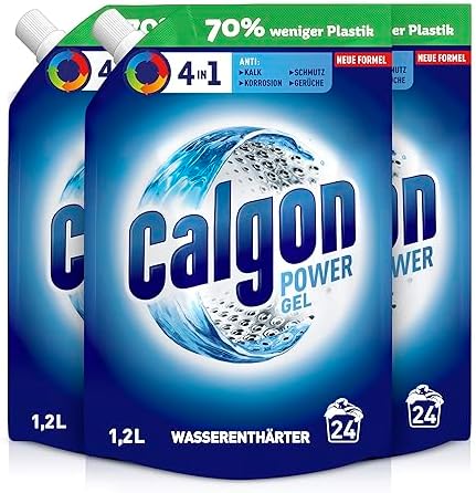 Calgon 4in1 Power Gel – Wirksam gegen Kalk, Korrosion Schmutz und Gerüche – Schützender Wasserenthärter für die Waschmaschine – 3 x 1,2 l in praktischer Nachfüllpackung