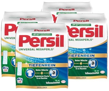 Persil Universal Megaperls 64 Waschladungen (4x 16WL), Vollwaschmittel mit Tiefenrein Technologie, Waschmittel für reine Wäsche & hygienische Frische für die Maschine, 20 °C bis 95 °C