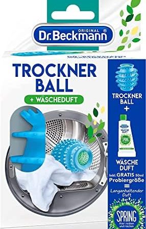 Dr. Beckmann Trocknerball | Für frische und kuschelig-weiche Wäsche | Mit Wäscheduft befüllbar | Verkürzt die Trockenzeit | inkl. Gratis-Probe Spring | 50 ml