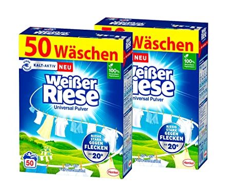 Weißer Riese Universal Pulver 100 WL (2x50 Waschladungen), Vollwaschmittel riesig stark gegen Flecken, Kalt-Aktiv schon ab 20° C, ergiebiges Waschpulver, ideal für Familien mit Kindern