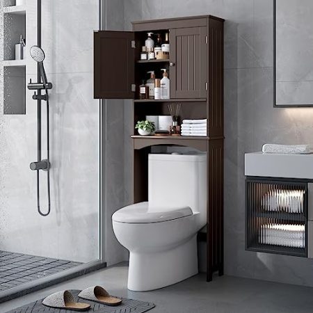 Bealife Badschrank Hochschrank, Regal über Toilette mit 3-stufigen verstellbaren Regalen, Freistehend Waschmaschinenschrank, Überbau Toilettenschrank mit Doppeltüren für Badezimmer (Dunkelbraun)