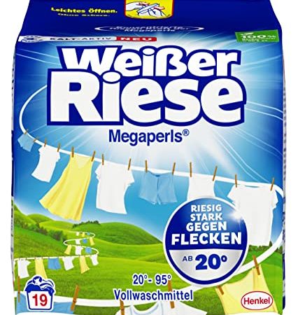 Weißer Riese Universal Megaperls Vollwaschmittel (19 Waschladungen), Waschmittel für weiße Wäsche, wirkt extra stark gegen Flecken bei 20–95 °C, 100 % recycelbares Plastik