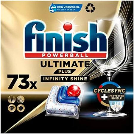 Finish Ultimate Plus Infinity Shine Spülmaschinentabs – Geschirrspültabs für intensive Reinigung, Fettlösekraft und Glanz mit Schutzschild – 73 Caps