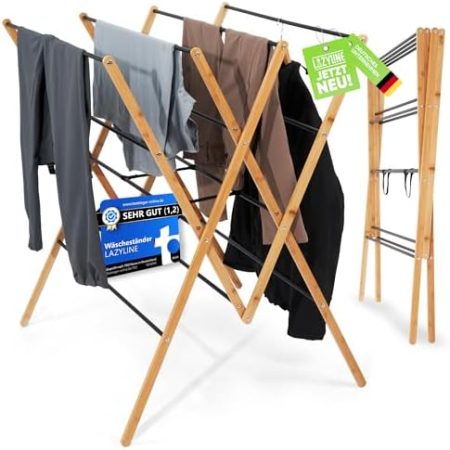 LAZYLINE® Wäscheständer platzsparend [extra breit + klappbar] tragbar, faltbar aus Holz schwarz Hoch Stabil 12m Wäscheleine Wäscheturm Turm, Balkon Wäschetrockner Clothes Drying Rack