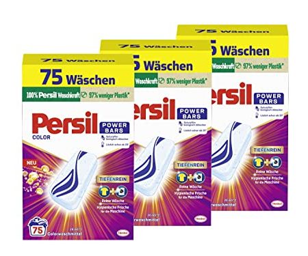 Persil Power Bars Color Waschmittel (3 x 75 Waschladungen), vordosiertes Buntwaschmittel mit biologisch abbaubarem Schutzfilm, für reine Wäsche & hygienische Frische für die Maschine