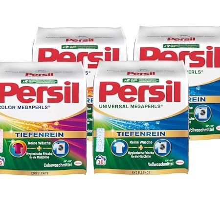 Persil Set 2x Universal & 2x Color Megaperls 64 Waschladungen (4x 16WL) Vollwaschmittel & Color Waschmittel Tiefenrein für reine Wäsche & hygienische Frische für die Maschine 20 °C bis 95 °C