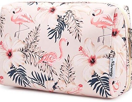 Narwey Groß Kulturbeutel Damen Schminktasche Kosmetiktasche Travel Cosmetic Organizer für Frauen Mädchen (Beiger Flamingo, Groß)