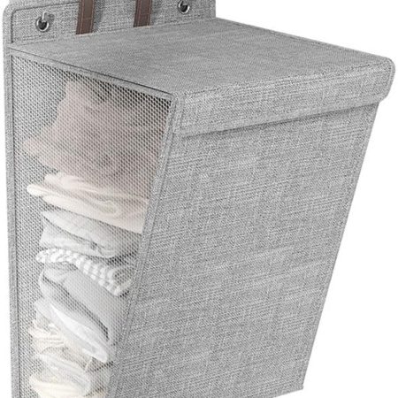 Esoes Wäschekorb Faltbar 60L Wäschekorb mit Deckel mit Griffen, Faltbar,Aufhängbar Wäschekorb Wäsche-Organizer Mesh-Design auf beiden Seiten, Atmungsaktiver Wäsche-Organizer (Gray)