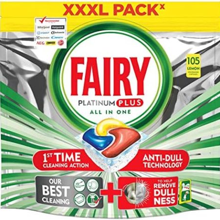 Fairy Platinum PLUS - Spülmaschinentabs All-In-One Tasche mit 105 Kapseln Zitrone, Lemon Geschirrspültabs, Geschirrspülmittel Tabs in Sparpack