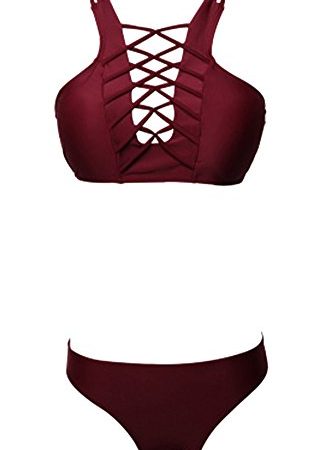 Anyu Damen Zwei Stücke Reine Farbe Bademode Badeanzug Bikini-Sets Swimsuits Wein Rot L