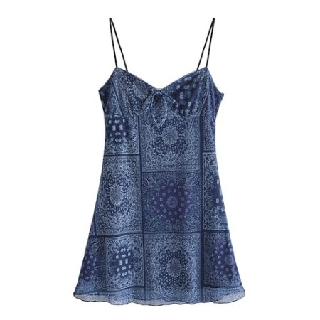 Lay U HOME Frauen Kleid Dame Sommer Retro Blau und Weiß Porzellan Mesh Gedruckt Brust Lace up Suspendiert Kleid Freizeit Sport Kleid