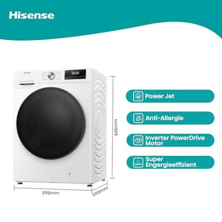 Hisense WFQA9014EVJM Waschmaschine mit Dampffunktion/ 9 kg/AquaStop/ 1400 U/min /15 Programme/Inverter PowerDrive Motor/Edelstahltrommel/Kindersicherung/Trommelreinigung/Weiß