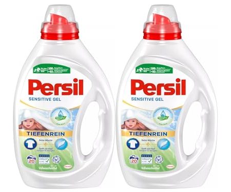 Persil Sensitive Gel 40 WL (2 x 20 Waschladungen), Flüssigwaschmittel für Allergiker & Babys, mit beruhigender Aloe vera für sensible Haut, effektiv von 20 °C bis 95 °C