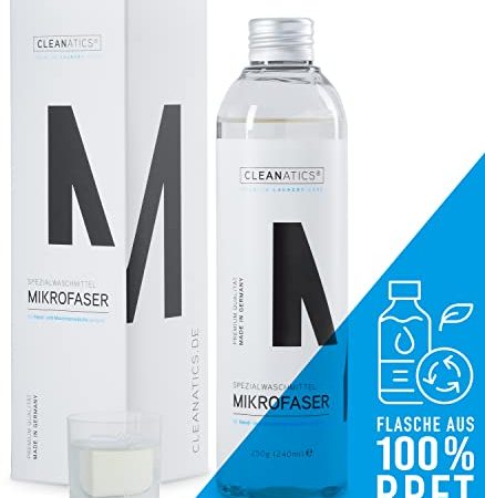 CLEANATICS Mikrofaser Waschmittel für Skibekleidung, Funktionskleidung, synthetische Bettwaren, Sportbekleidung, Kompressionsstrümpfe, Bademode, Neopren - Feinwaschmittel Mikrofasertücher (250 g)