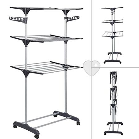 LANTUS Wäscheständer, faltbar, mit Rollen, großes Fassungsvermögen, Wäscheständer aus Edelstahl, Flügel, faltbar, auf 3 Ebenen zum Trocknen für den Innen- und Außenbereich, 72 x 56 x 152 cm (grau)