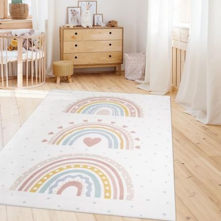 TT Home Kinderzimmerteppich Teppich Junge Mädchen Kinderteppich Baby Herzen Pastell, Farbe:Rosa Beige, Größe:120x160 cm