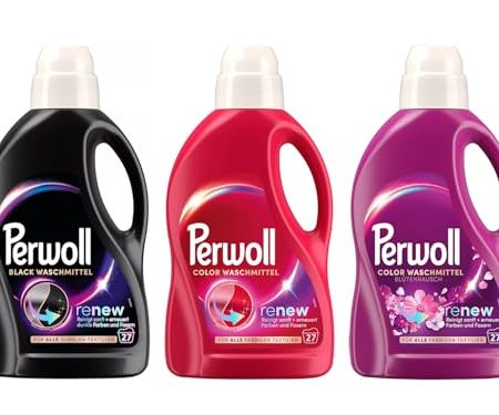 PERWOLL Flüssig-Set 3x 27 Waschladungen (81WL) 1x Color & 1x Color Blütenrausch & 1x Black, Feinwaschmittel-Set reinigt sanft und erneuert Farben, mit Dreifach-Renew-Technologie