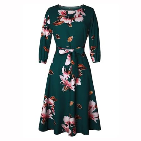 Herbst und Winter Frauen ' s Printed Long Sleeved Round Neck große Saum Slim Fitting Dress with Belt Home Casual Kleid