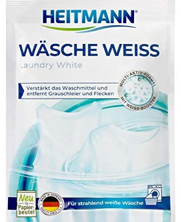 HEITMANN Wäsche Weiss: Waschmittelzusatz für alle Temperaturen, beseitigt Vergilbungen und Grauschleier, wirkt fasertief, mit Aktiv-Sauerstoff und 3fach-Formel für extreme Weisskraft, 50g