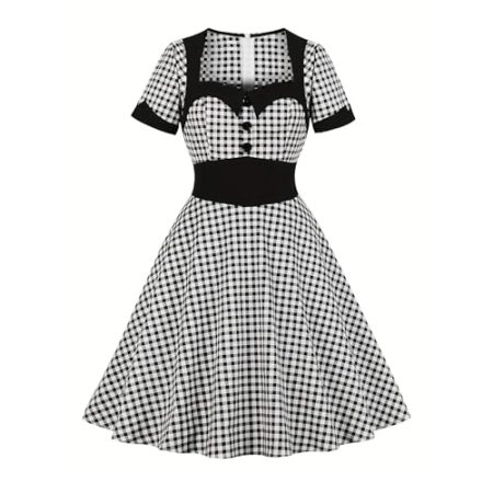 Frauen Lady Karierten Kleid Retro Quadrat Ausschnitt Kurze ärmeln, große Swing-Rock-Freizeit-Sport-Kleid